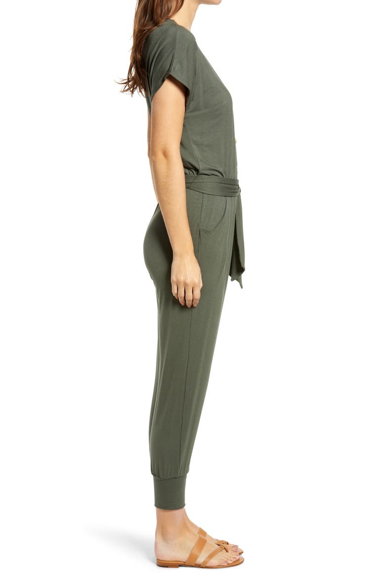 Button Front Tie Jumpsuit, Alternate, color, DARK OLIVE