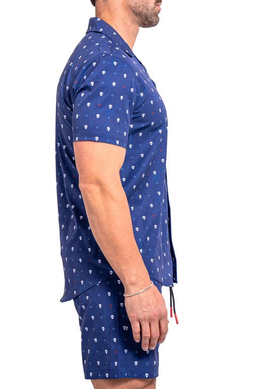 Maceoo Beachskull Blue Short Sleeve Cotton Button-up Shirt In Blue