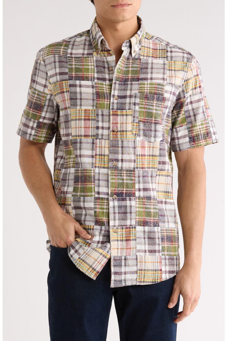 Patchwork Madras Short Sleeve Button-Down Shirt, Main, color, NAVY MIX