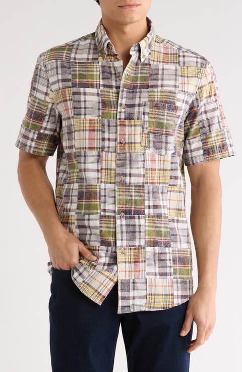 Patchwork Madras Short Sleeve Button-Down Shirt
