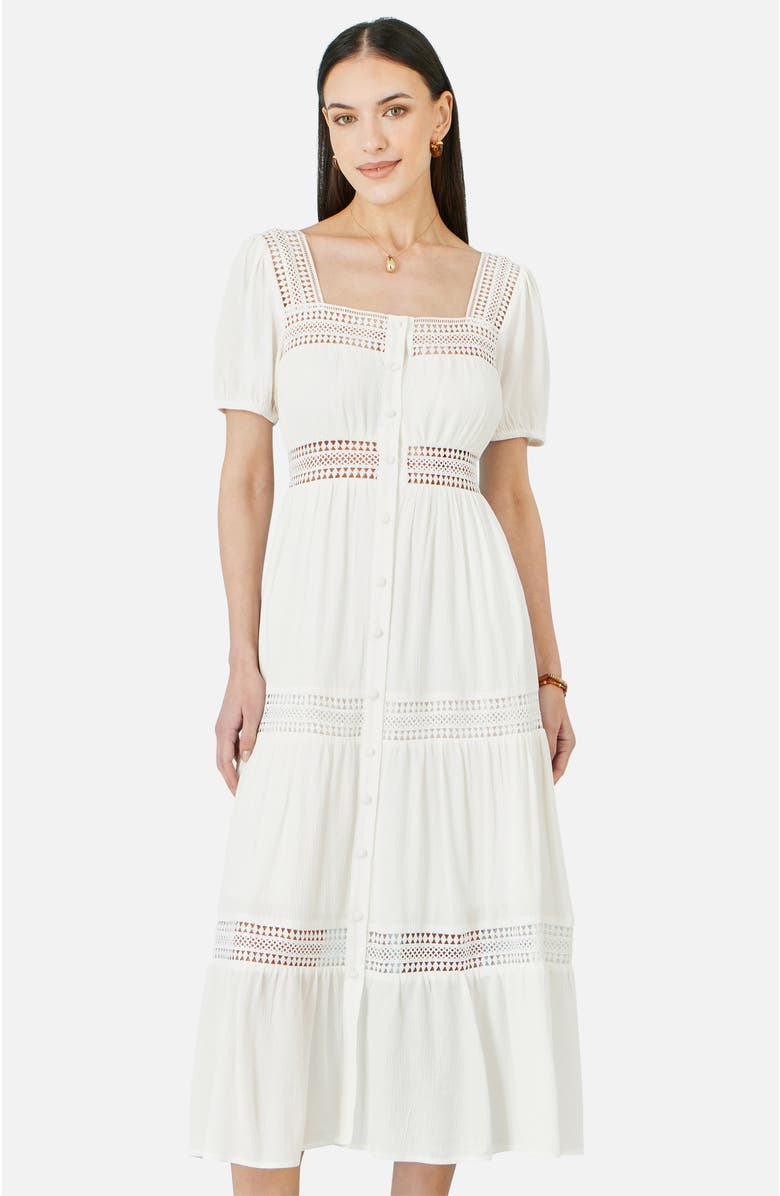 Yumi Cotton Square Neckline Lace Midi Dress, Alternate, color, White