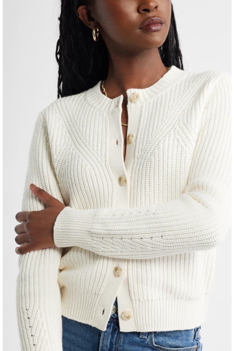 Shaker Stitch Pointelle Pima Cotton & Merino Wool Cardigan, Alternate, color, IVORY PRISTINE