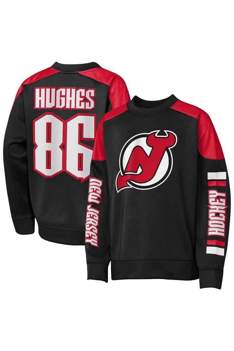 Youth Outerstuff Jack Hughes Black New Jersey Devils Best Defense Name & Number Crewneck Sweatshirt, Main, color, Black