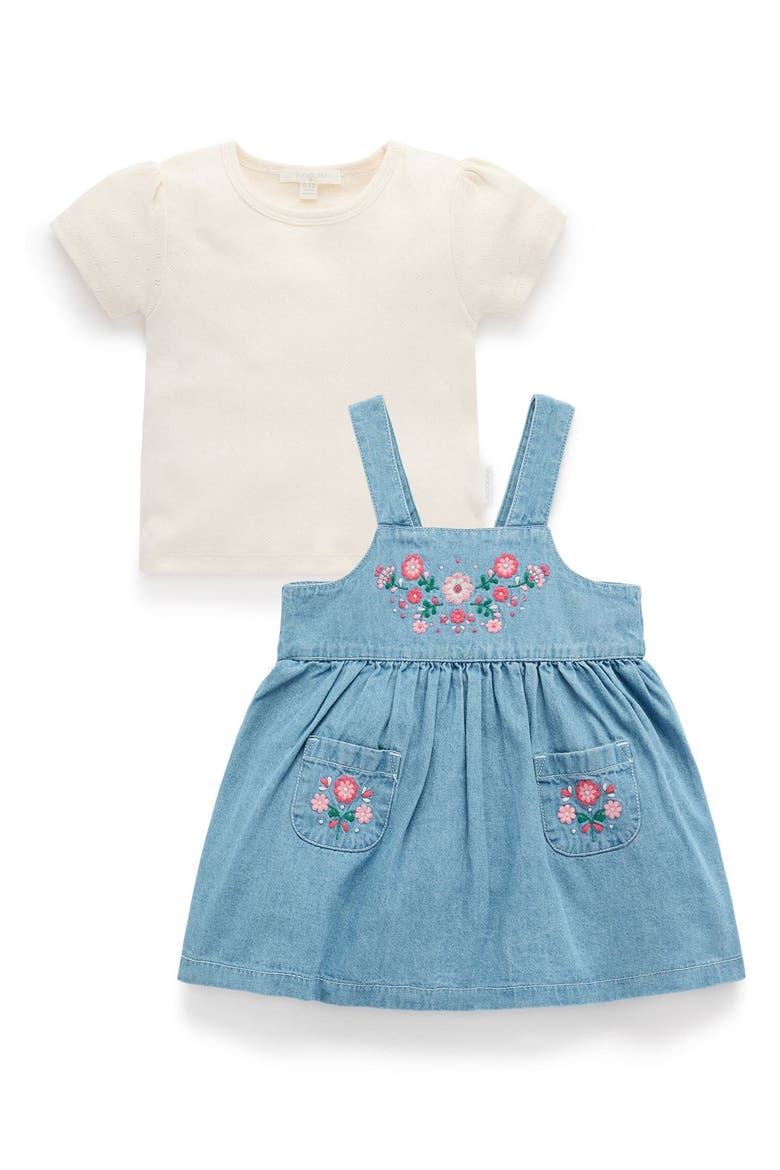 Embroidered Pinnie & Tee Set, Main, color, Faded Denim