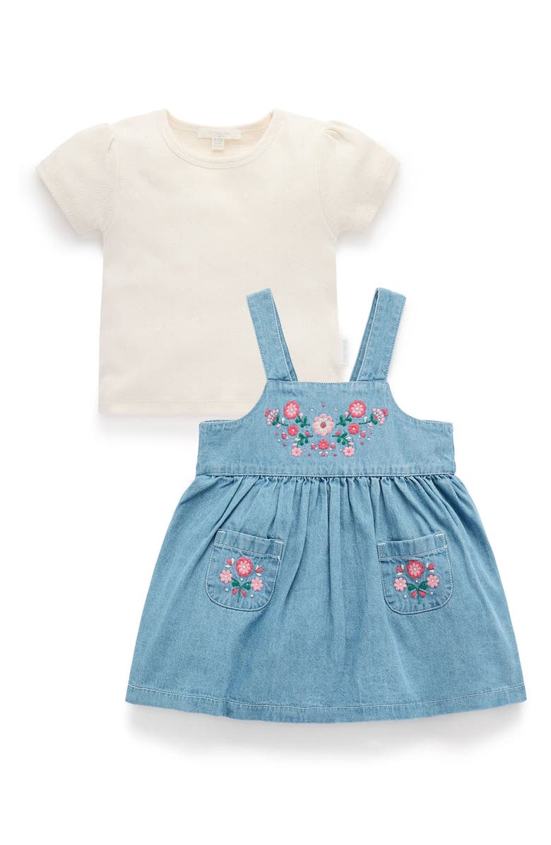 Purebaby Embroidered Pinnie & Tee Set, Main, color, Faded Denim
