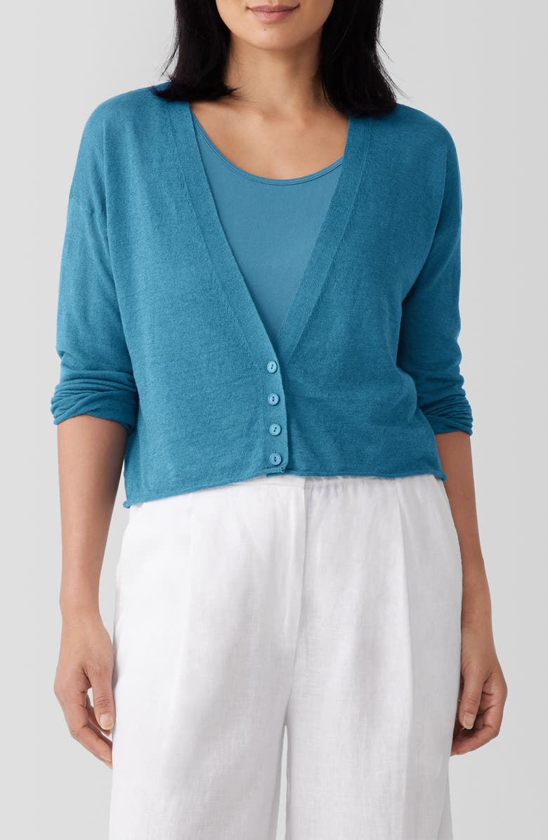 Eileen Fisher V-Neck Organic Linen & Organic Cotton Cardigan, Main, color, Cascade