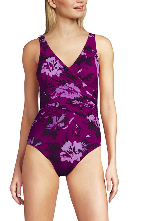 Lands' End Slender Suit Wrap One Piece Swimsuit In Crimson Rose Abstract Floral