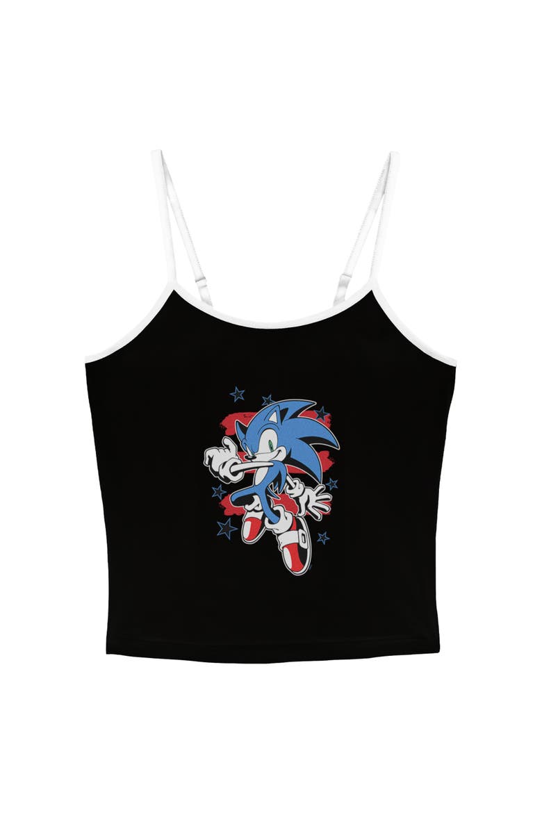 Junior's Sonic the Hedgehog Stars and Stripes Pose  Tank Top, Main, color, Black