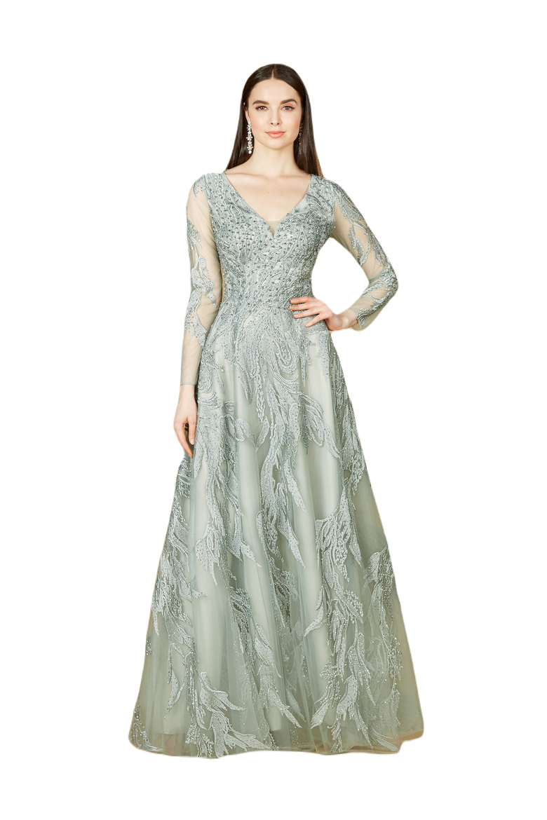 Long Sleeve Lace Ballgown with V-Neck, Main, color, Sage