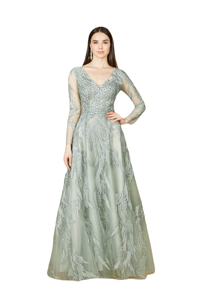 LARA New York Long Sleeve Lace Ballgown with V-Neck, Main, color, Sage