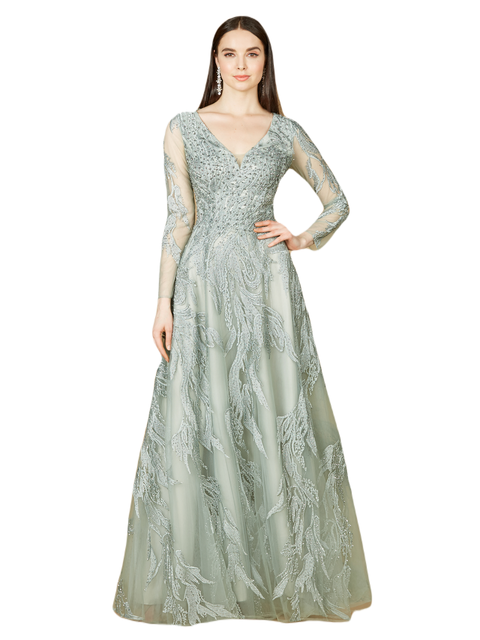 Long Sleeve Lace Ballgown with V-Neck