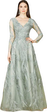 LARA New York Long Sleeve Lace Ballgown with V-Neck