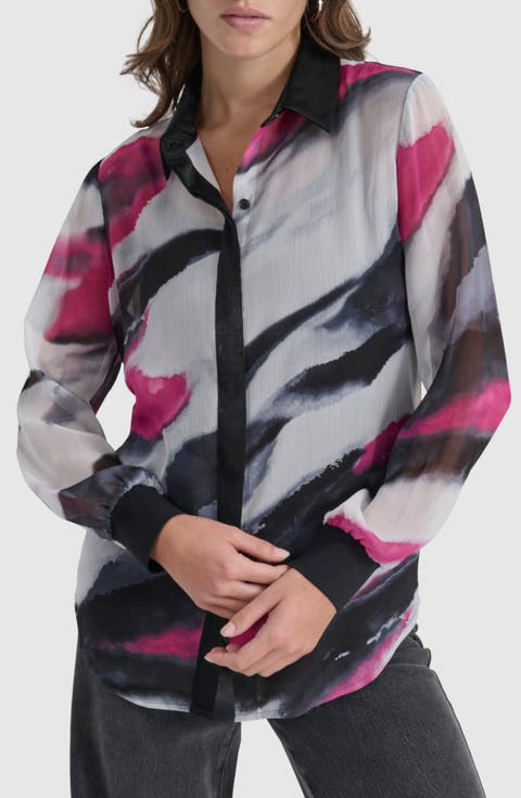 Printed Semisheer Chiffon Button-Up Top