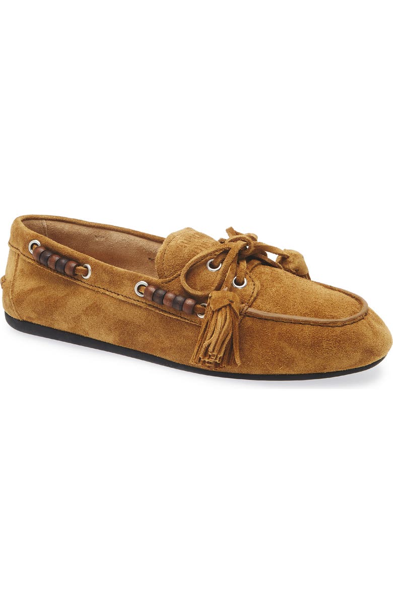 Miu Miu Suede Tassel Boatshoe, Main, color, Oliva