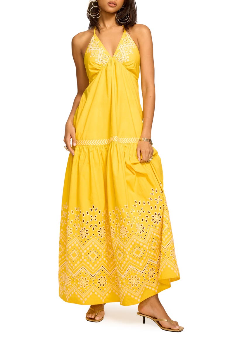 Amaris Eyelet Embroidery Halter Dress, Main, color, SUNSHINE