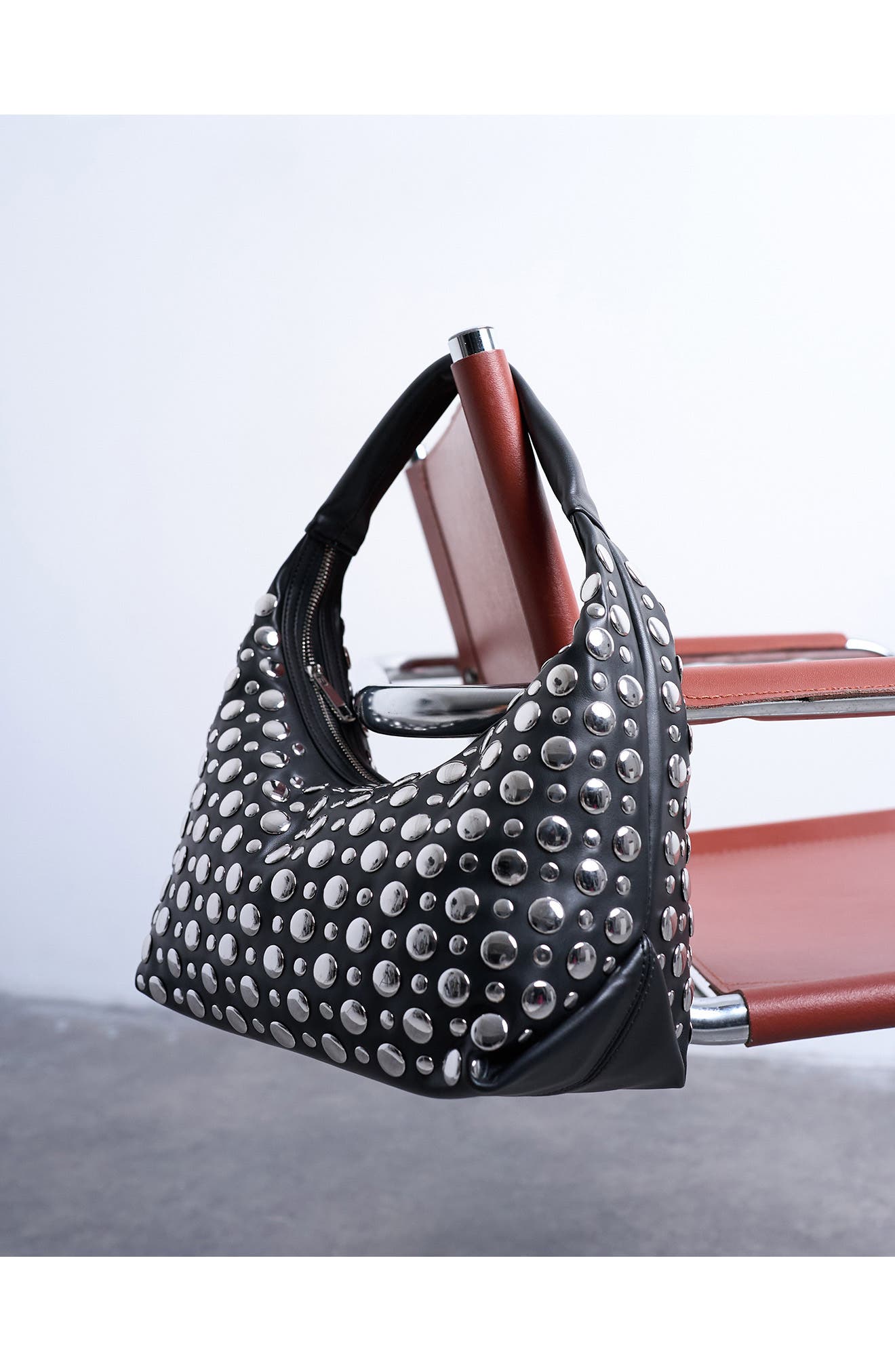 Topshop Studded Faux Leather Shoulder Bag, Alternate, color, 