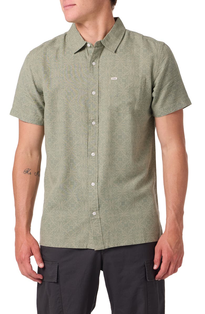 O'Neill O'Riginals Eco Print Standard Fit Short Sleeve Button-Up Shirt, Main, color, Clover