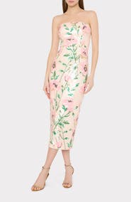 Milly Kait Floral Print Sequin Strapless Midi Dress