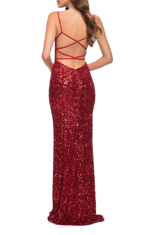 La Femme Gorgeous Sequin Dress With V Neck And Open Back In Red
