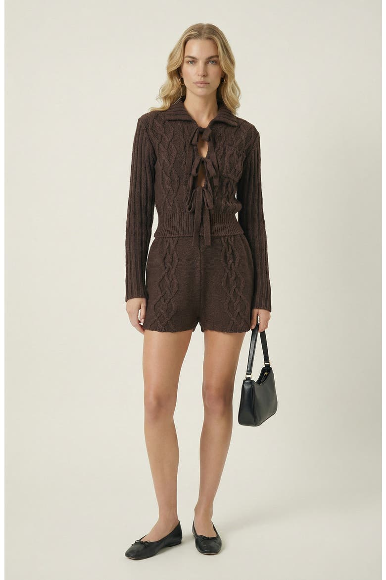 Ribbed Knit Romper with Bow Tie Front and Long Sleeves, Main, color, Brown