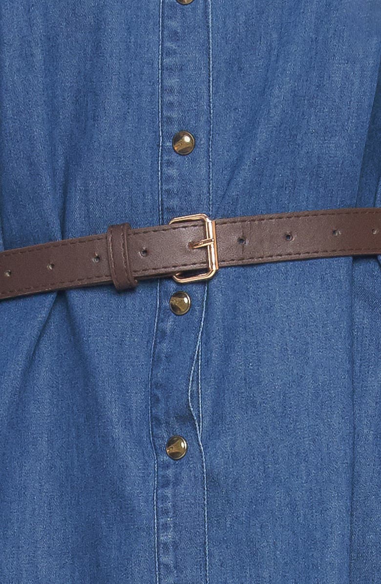 FLYING TOMATO Ruffle Long Sleeve Belted Denim Shirtdress, Alternate, color, Medium Indigo