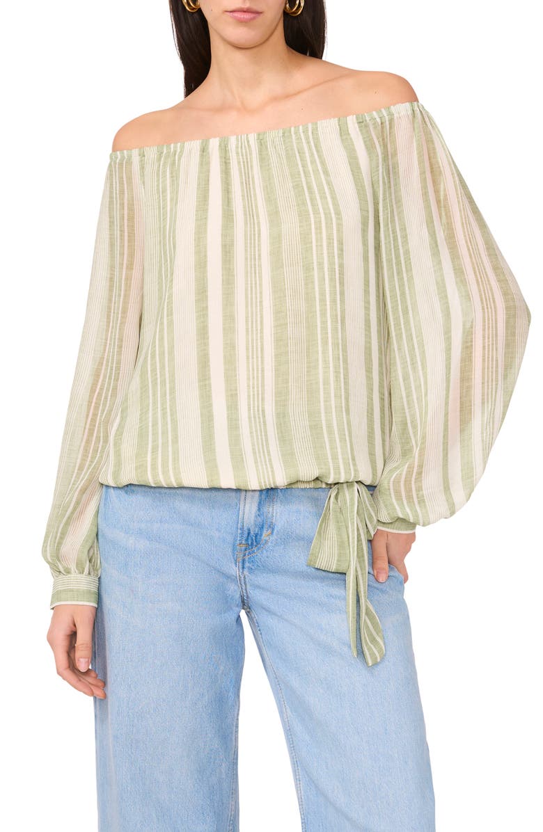 Vince Camuto Stripe Off the Shoulder Tie Hem Top, Main, color, 