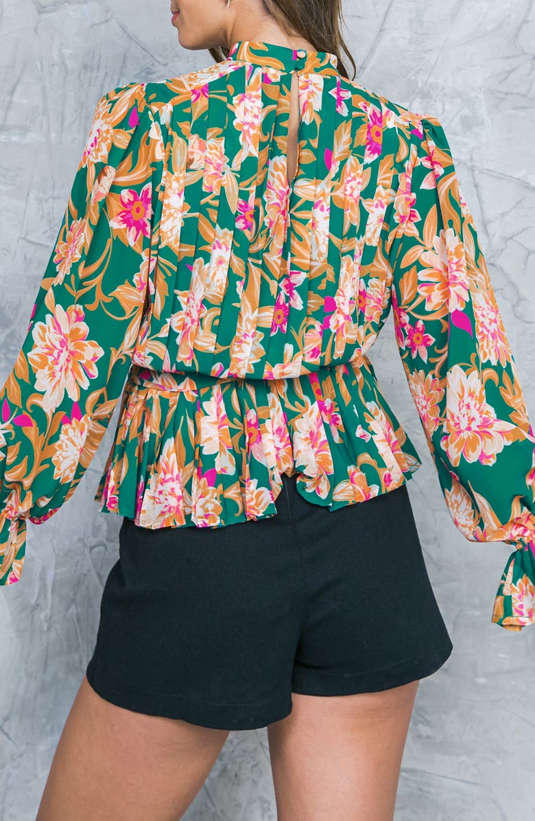 FLYING TOMATO Floral Pleated Long Sleeve Tie Waist Peplum Top, Alternate, color, Teal Green