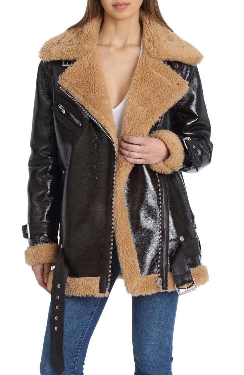 Avec Les Filles Faux Shearling Biker Jacket, Main, color,