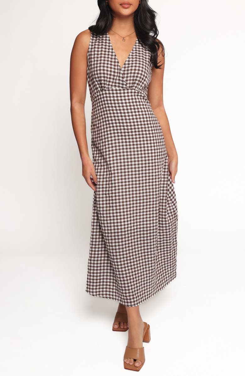 Petal & Pup Queenie Check Sleeveless Midi Dress, Main, color, Brown Gingham