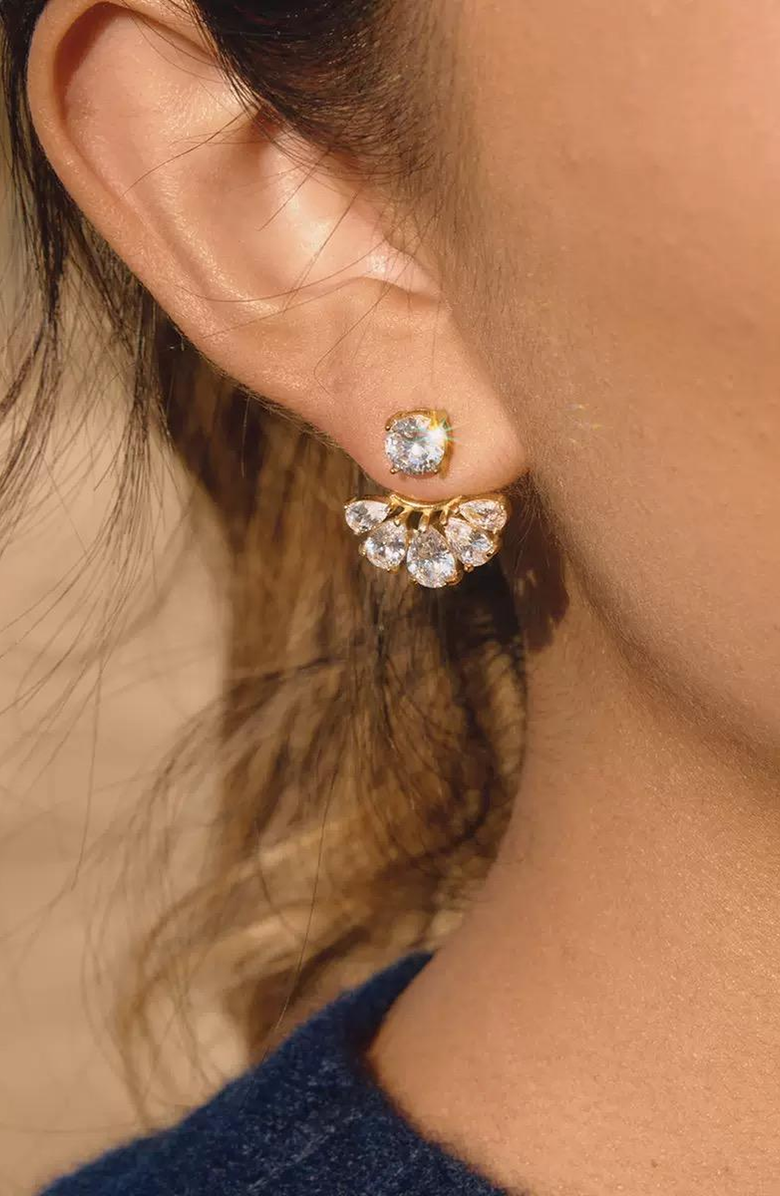 Kellery Cubic Zirconia Fan Drop Stud Stainless Steel Earrings, Alternate, color, Gold-Tone