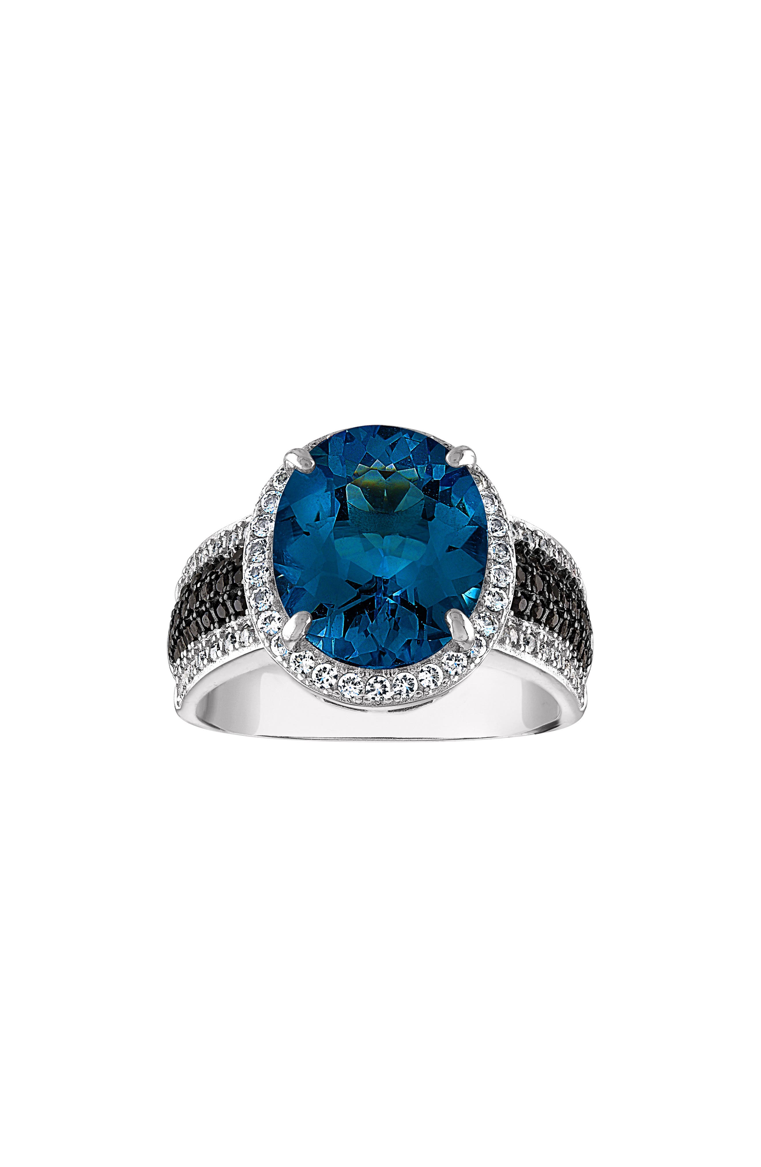 FZN Sterling Silver Swiss Blue Topaz And Black Spinel Ring