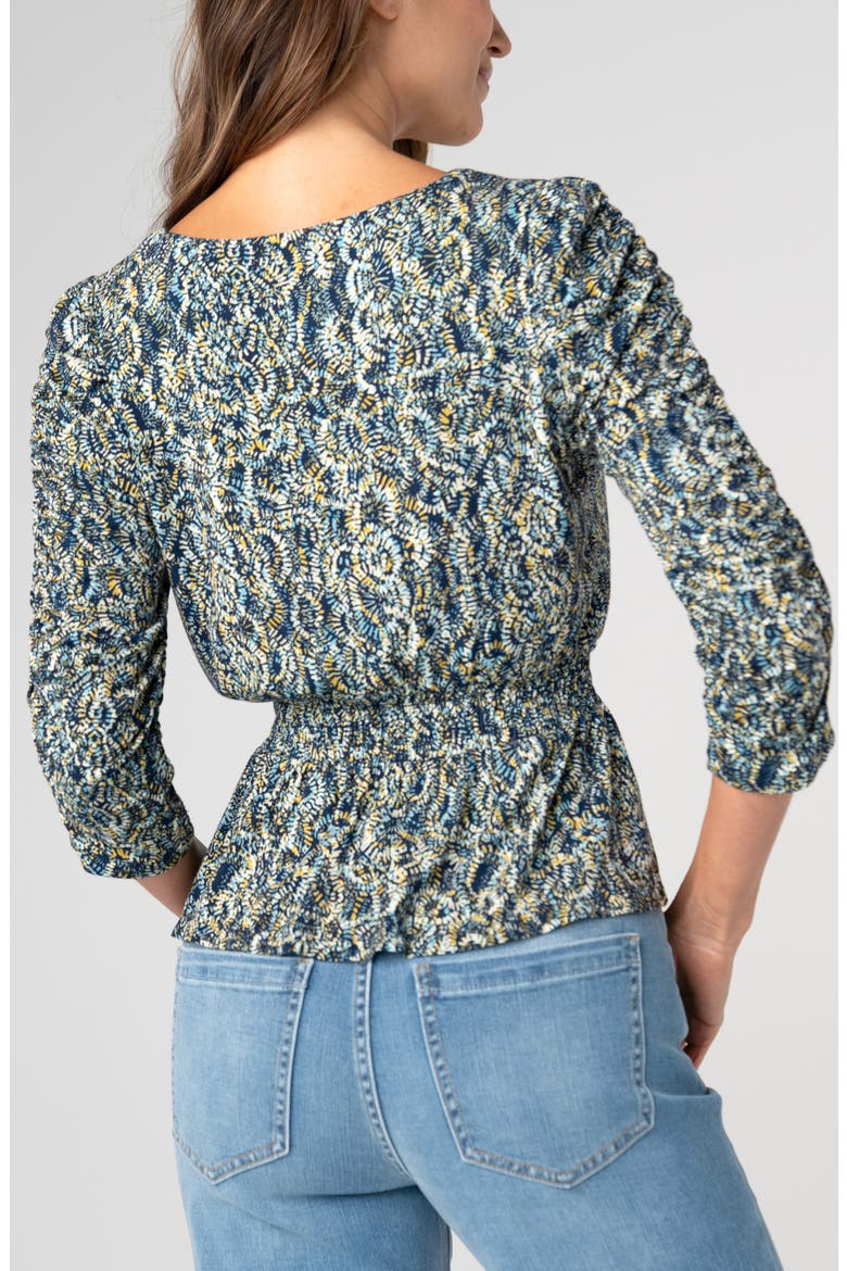 Ruched Sleeve Peplum Top, Alternate, color, NVY GOLD MULTI
