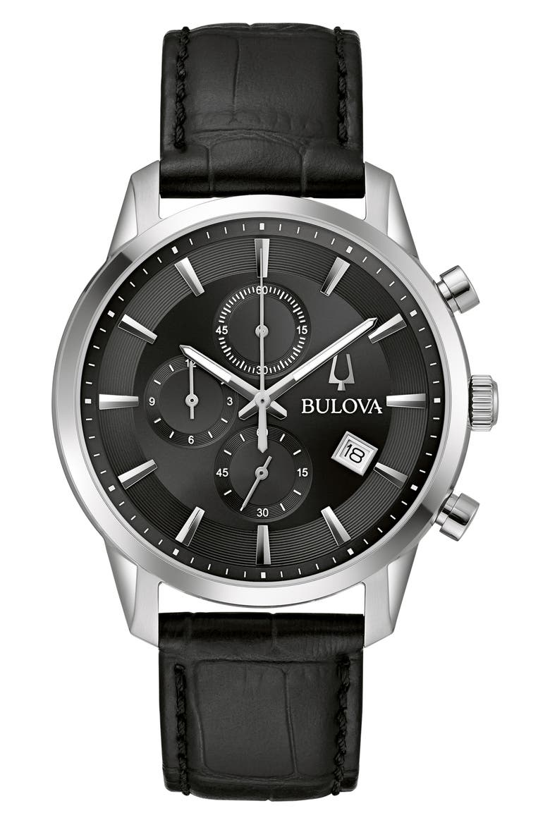 Sutton Leather Strap Chronograph Watch, 41mm, Main, color, SILVER-TONE