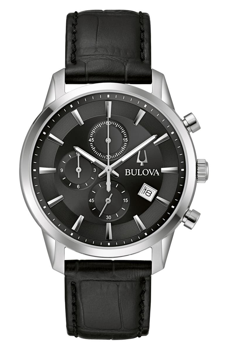 BULOVA Sutton Leather Strap Chronograph Watch, 41mm, Main, color, Silver-Tone