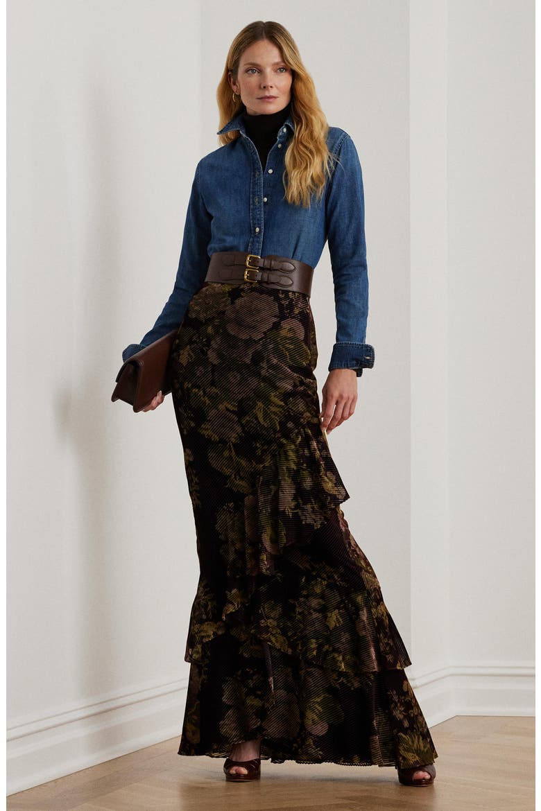 Floral Burnout Velvet Tiered Maxi Skirt, Alternate, color, BURGUNDY MULTI