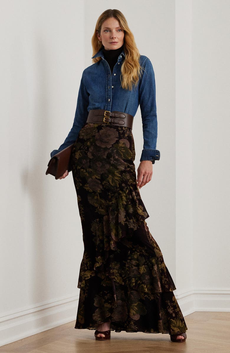 Lauren Ralph Lauren Floral Burnout Velvet Tiered Maxi Skirt, Alternate, color, Burgundy Multi