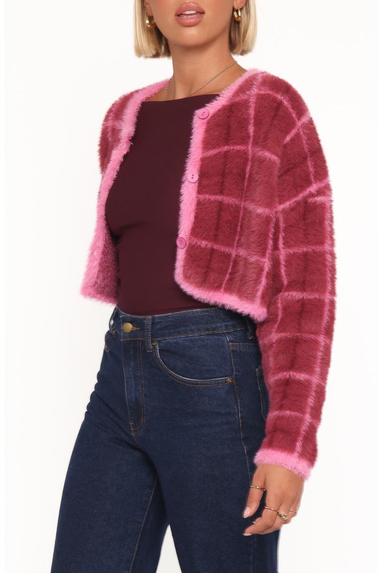 Viola Brushed Plaid Cardigan, Alternate, color, BURGUNDY
