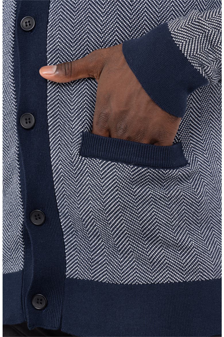 Herringbone V-Neck Button Front Cardigan, Alternate, color, WHITE/ NAVY