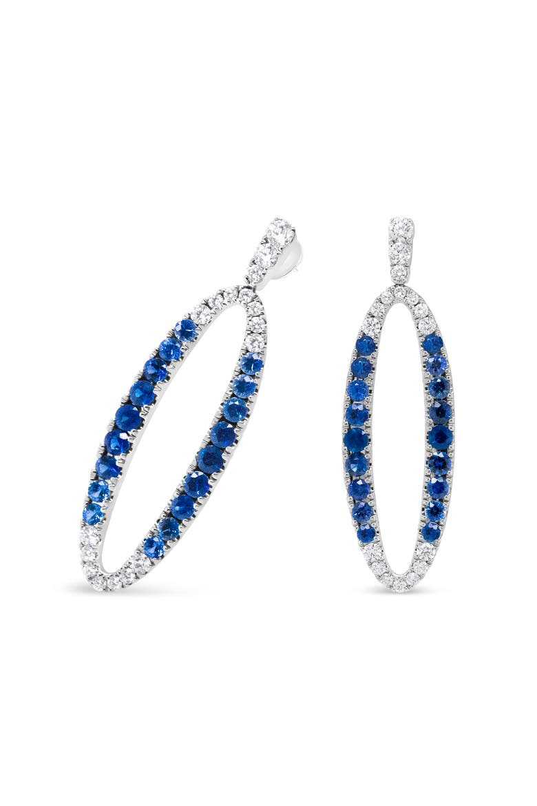 18K White Gold 1 1/10 Cttw Diamond & Sapphire Openwork Oval Shaped Dangle Earrings, Alternate, color, White
