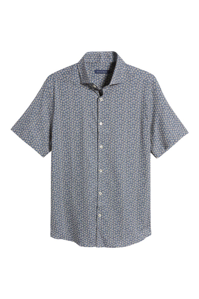 Floral Short Sleeve Stretch Cotton Blend Button-Up Shirt, Alternate, color, NAVY