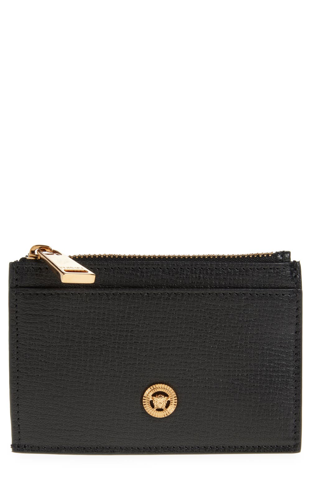 Medusa Zip Leather Card Case, color, BLACK VERSACE GOLD