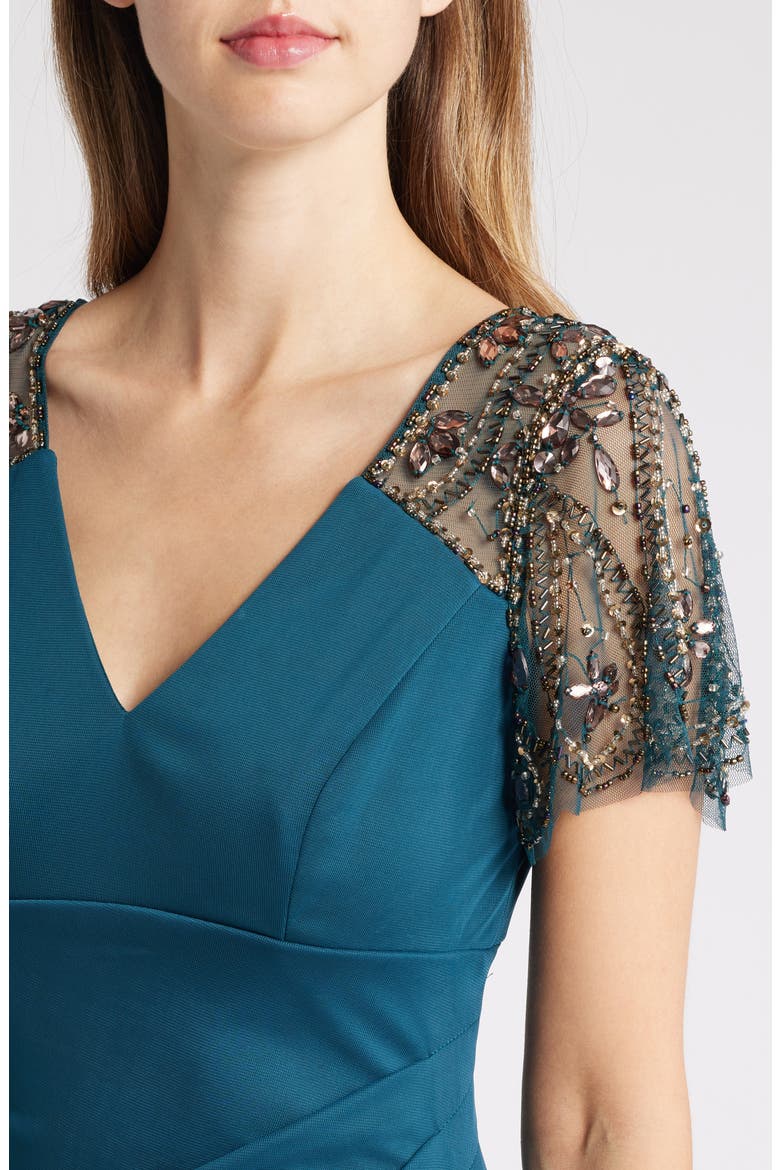 Xscape Beaded Sleeve Ruched Column Gown, Alternate, color, NEO EMERALD