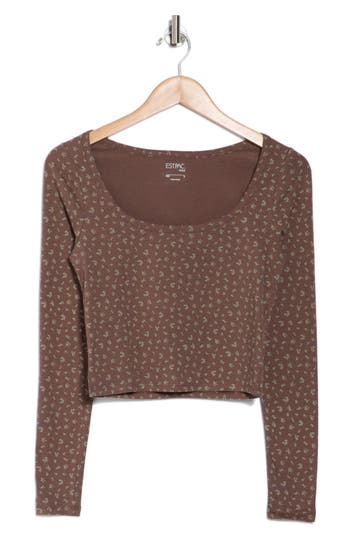 PACSUN PACSUN FLORAL SCOOP NECK LONG SLEEVE CROP TOP