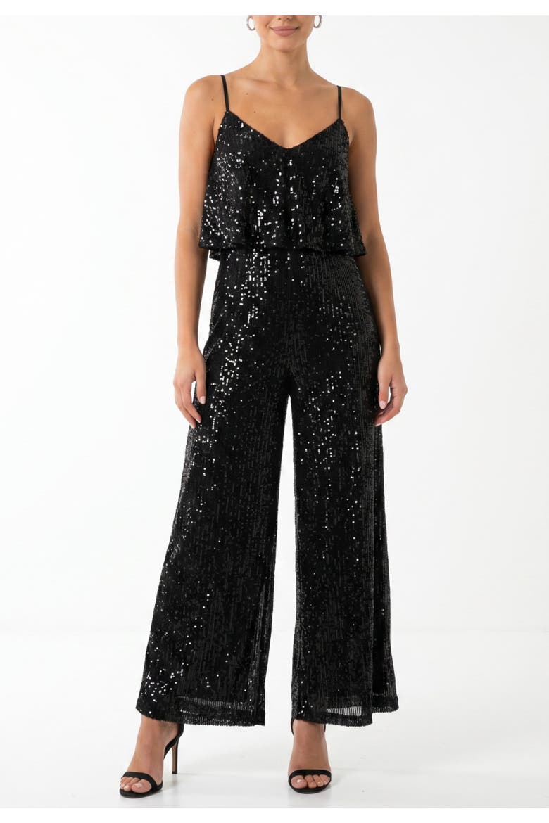 Sequin Tara Ruffle Jumpsuit, Main, color, Black