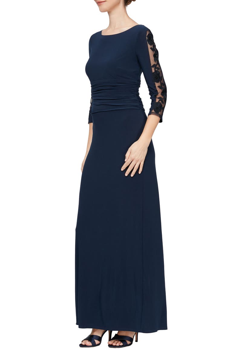 Ruched Waist Sheer Sleeve Gown, Main, color, NAVY