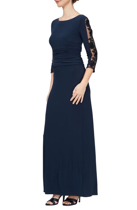 Ruched Waist Sheer Sleeve Gown