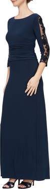SL FASHIONS Ruched Waist Sheer Sleeve Gown