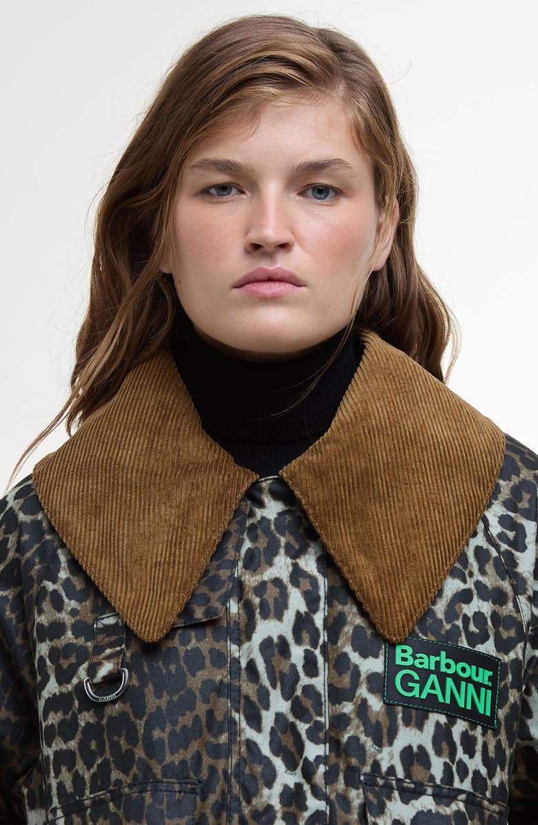 Barbour x Ganni Leopard Print Waxed Cotton Jacket, Alternate, color, 