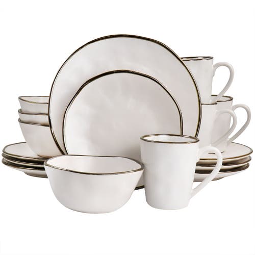 Elama Modern 16pc Stoneware Dinnerware Set In Matte White With Gold-tone Rim