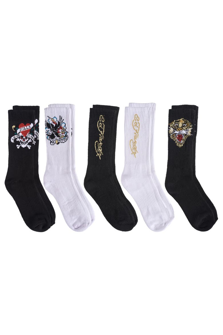 Tattoo Inspired Print Half Cushion Crew Sock 5-Pack, Alternate, color, Black White